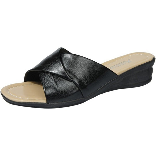 Damen nan komfortable Slipper-Pantolette mit gekreuzten Riemen und leichtem Keilabsatz EB