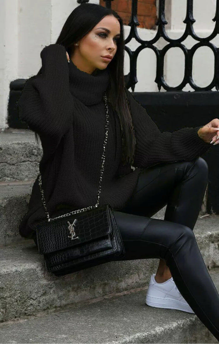 Damen Grobstrickpullover mit hohem Kragen und lässigem Schnitt EB