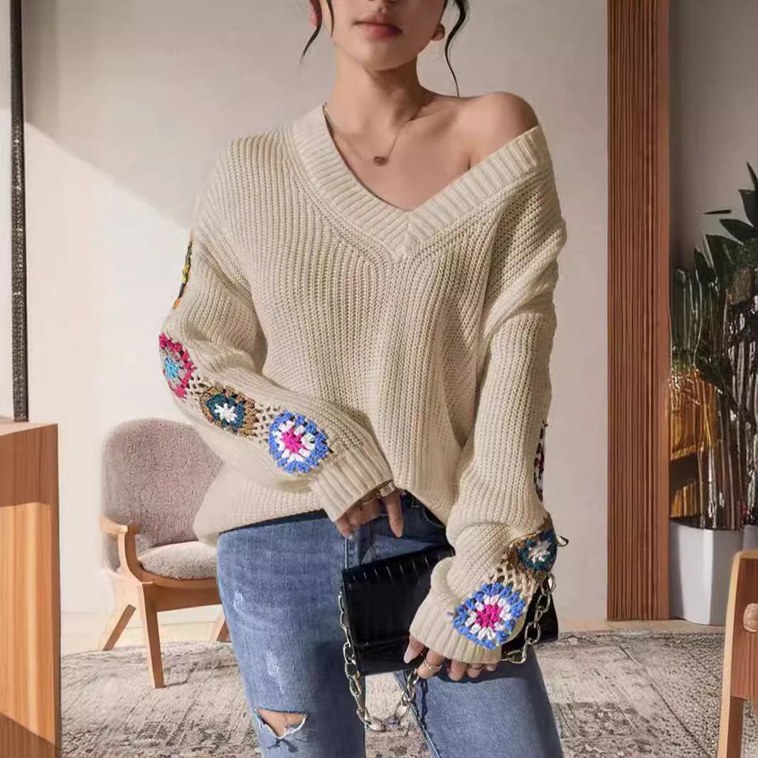 Damen Strickpullover mit verspielten Häkelakzenten und weitem Schnitt EB