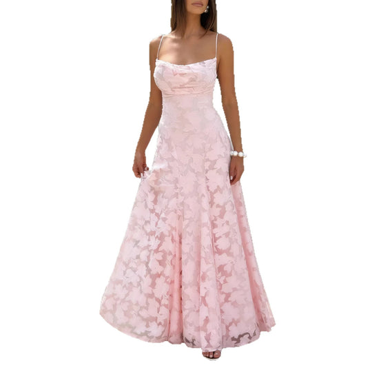 Damen Elegantes Maxikleid mit floralem Spitze-Design und verstellbaren Spaghettiträgern EB