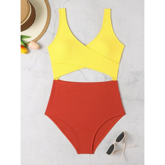Damen Cut-Out Badeanzug mit hohem Bund und Wickeldesign EB