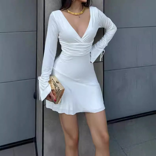 Damen Wickelkleid mit langen Ärmeln und dekorativen Knoten EB