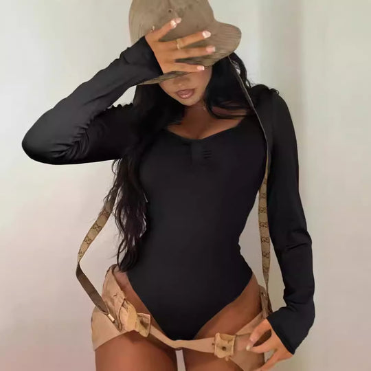 Damen Elegant geschnittener Langarm-Bodysuit mit Rüschendetails EB