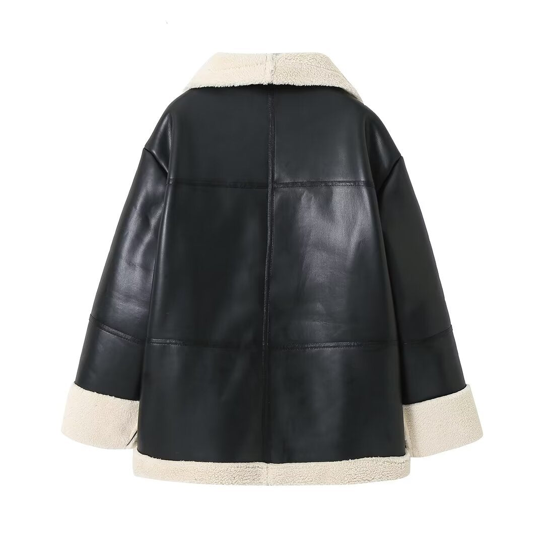Damen gesteppte Kunstlederjacke mit warmem Innenfutter und elegantem Revers EB