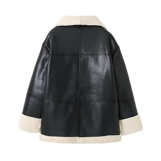 Damen gesteppte Kunstlederjacke mit warmem Innenfutter und elegantem Revers EB