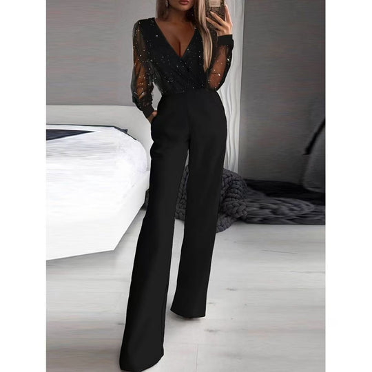 Damen Eleganter Jumpsuit mit transparenten Ärmeln und funkelnden Details EB