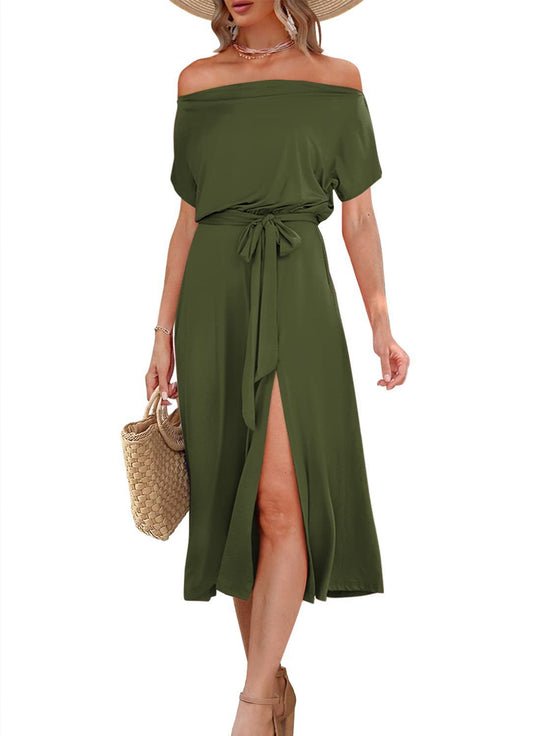 Damen Off-Shoulder Maxikleid mit Taillengürtel und seitlichem Schlitz EB
