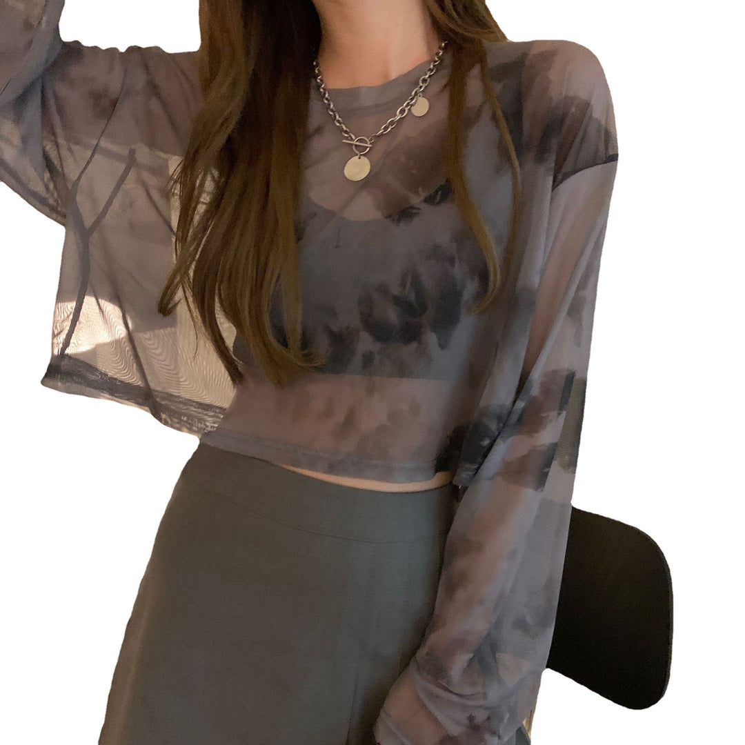Damen cropped Sweatshirt im modernen Batikdesign mit weiten Ärmeln und Rundhalsausschnitt EB