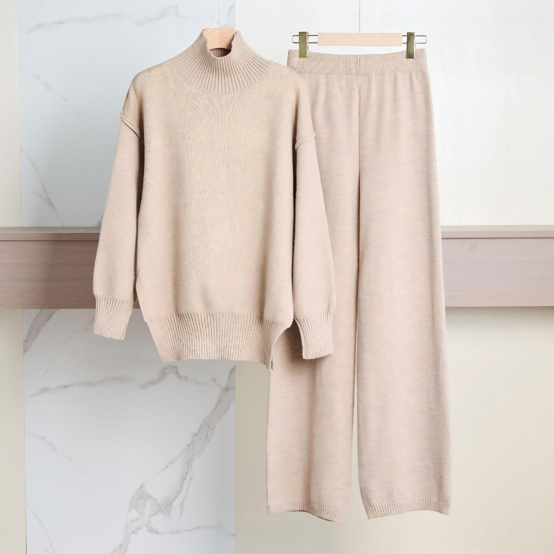 Damen Gemütliches Strickensemble mit hohem Kragen und weit geschnittenen Hosen EB