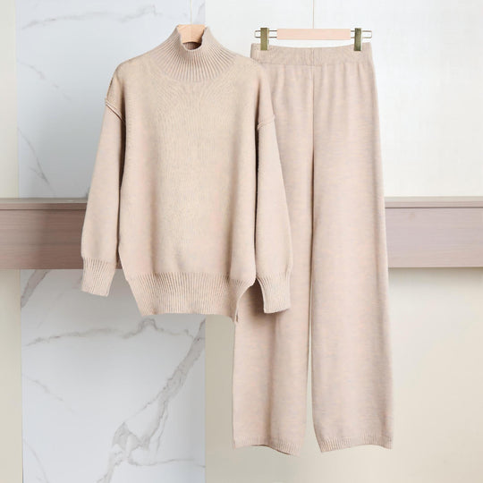 Damen Gemütliches Strickensemble mit hohem Kragen und weit geschnittenen Hosen EB