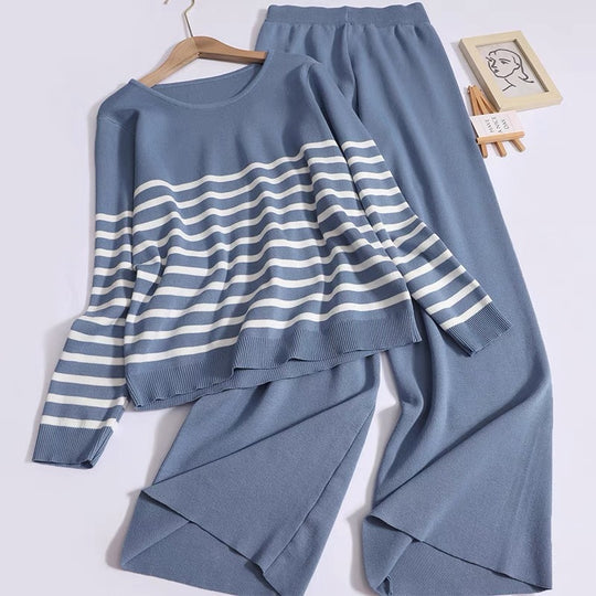 Damen gemütliches Strick-Loungewear-Set mit Streifenmuster EB