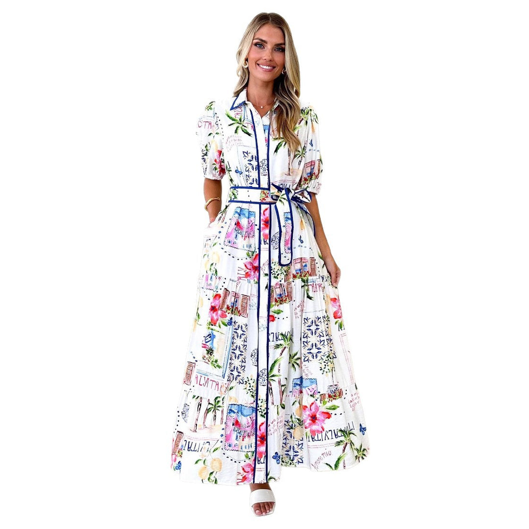 Damen Maxikleid mit buntem floralem Druck und einem eleganten Gürtel EB