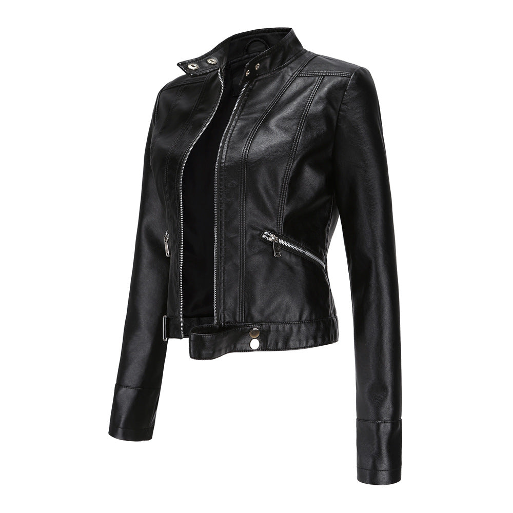 Damen nan kurze taillierte Kunstlederjacke im Racer-Stil mit Stehkragen und Reißverschlusstaschen EB