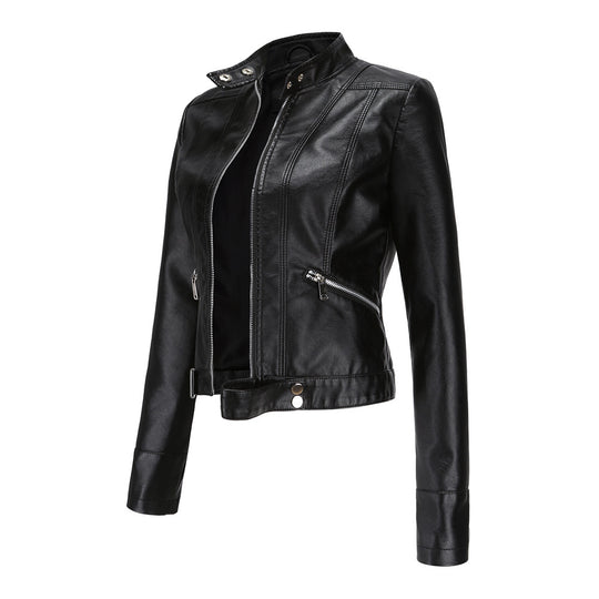 Damen nan kurze taillierte Kunstlederjacke im Racer-Stil mit Stehkragen und Reißverschlusstaschen EB