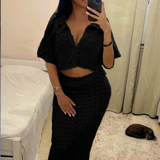 Damen Strick-Kleid mit hohen Seitenschlitzen und modischem Lochmuster EB