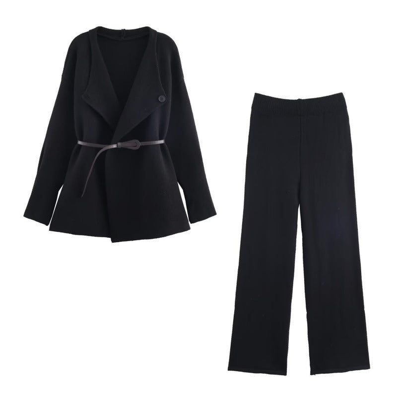 Damen elegantes Strickset mit tailliertem Blazer und weitem Hosenbein EB