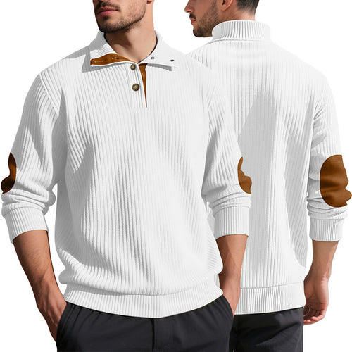 Herren nan Rippstrick-Halbknopf-Pullover mit Kentkragen und Lederbesatz EB