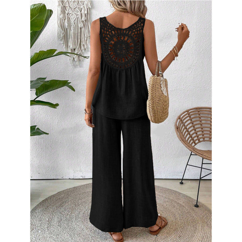 Damen Modisches Zweiteiliges Set mit weitem Hosenstil und ärmellosem Oberteil EB
