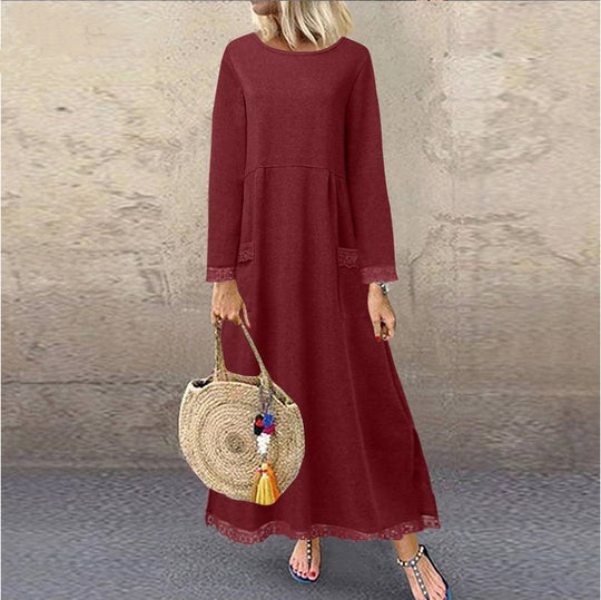 Damen nan Maxikleid mit lockerem A‑Linien Schnitt, Rundhalsausschnitt, aufgesetzten Eingrifftaschen und zierlichem Spitzenbesatz EB