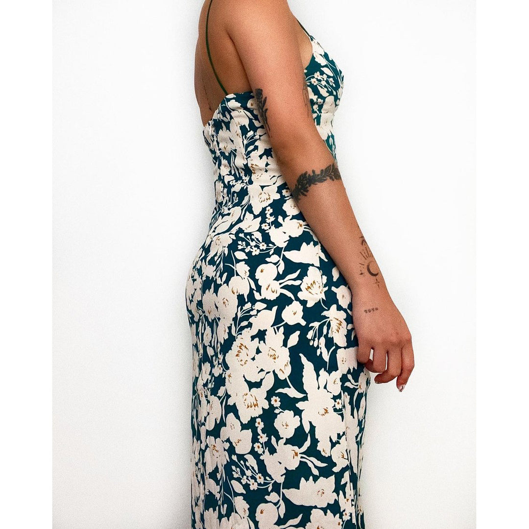 Damen Spaghettiträger Maxikleid mit floralem Design und hohem Schlitz EB