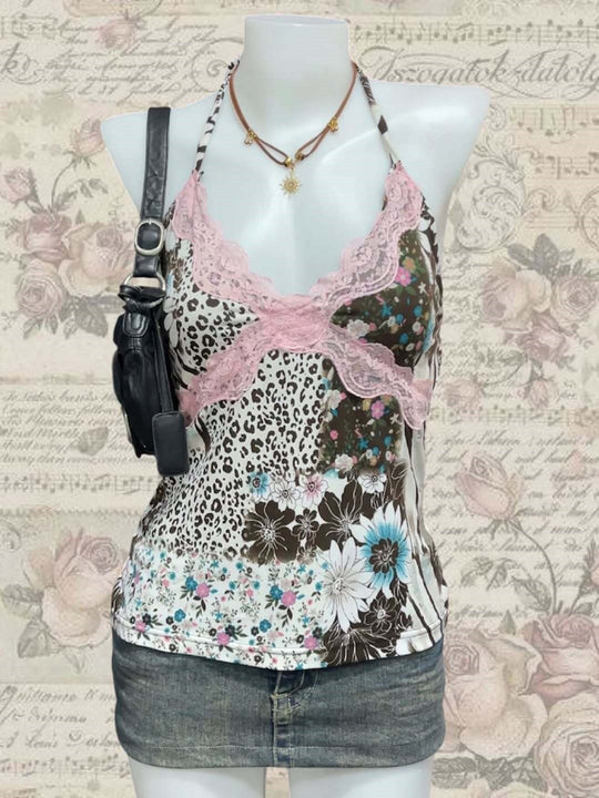 Damen Verspieltes Haltertop mit floralem und Leopardenmuster EB