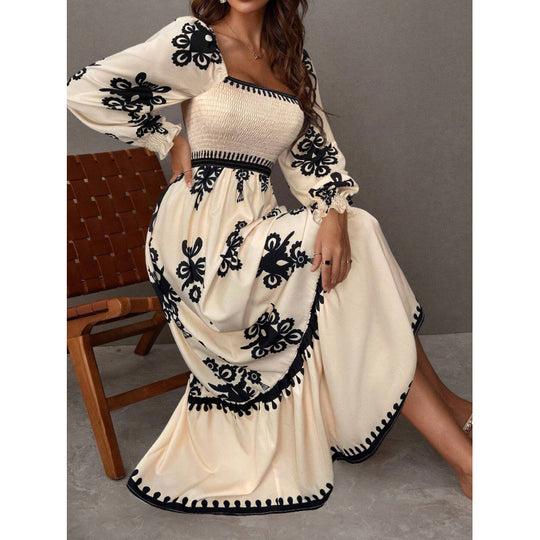 Damen Maxikleid mit Puffärmeln und elegantem Stickmuster EB