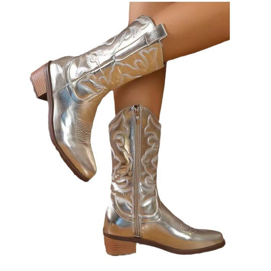Damen nan Cowboystiefel mit mittelhohem Blockabsatz und seitlichem Reißverschluss EB