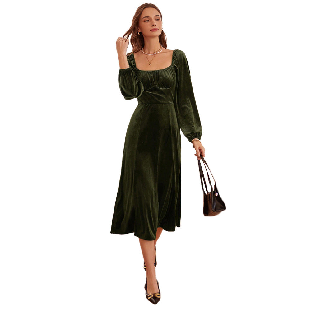 Damen elegantes Samt-Midikleid mit quadratischem Ausschnitt, geraffter Brustpartie und ballonartigen Ärmelabschlüssen Eichborn Berlin