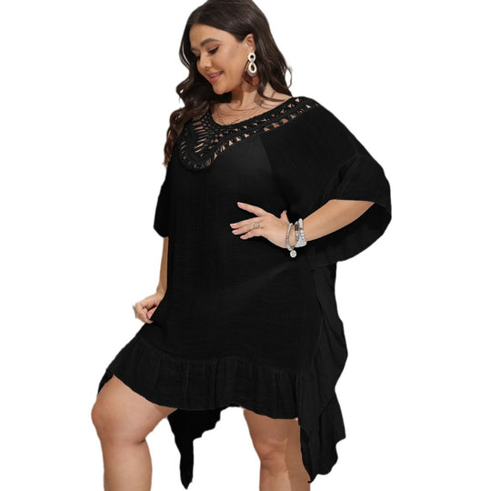 Damen luftiger Strandponcho mit gehäkeltem Ausschnitt EB