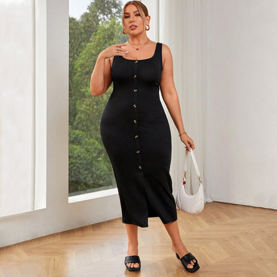Damen figurbetontes Midikleid mit Knopfleiste und Schlitzdetail EB