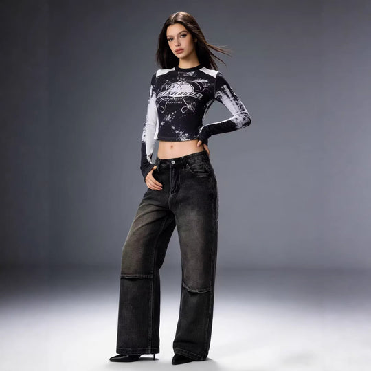 Damen Schlagjeans mit weitem Bein und modischen Waschungseffekten EB