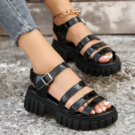 Damen trendige Sandalen mit robustem Blockabsatz und elegantem Riemen-Design EB