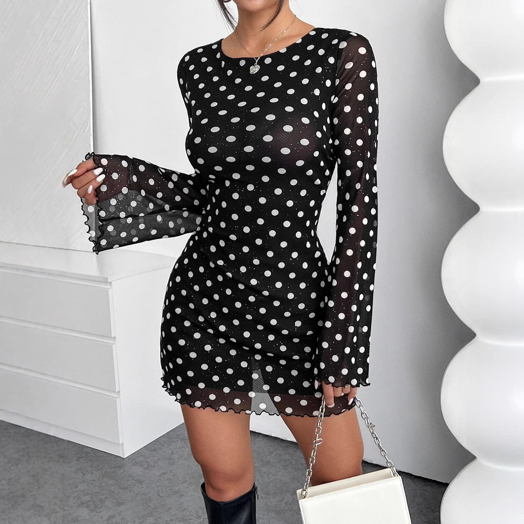 Damen Polka-Dots Minikleid mit langen Ärmeln EB