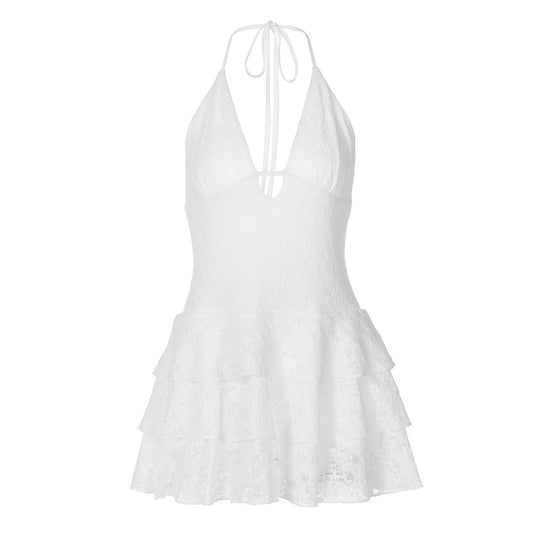 Damen luftiges Sommerkleid mit raffiniertem V-Ausschnitt und voluminösem Rock EB