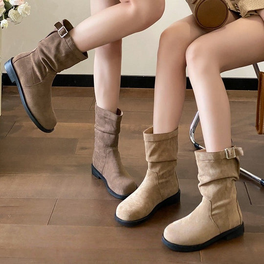Damen Trendige Stiefel mit modischem Falten-Design und dekorativem Schnallenverschluss EB