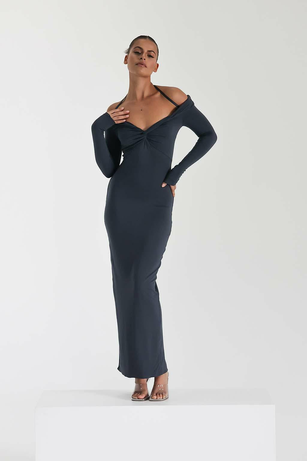 Damen Maxi-Kleid mit Off-Shoulder Design und elegantem Schlitz EB