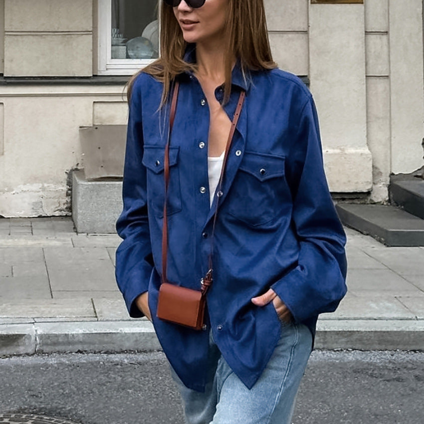 Damen Lässige Oversized-Hemdjacke mit Taschen und modischen Details EB