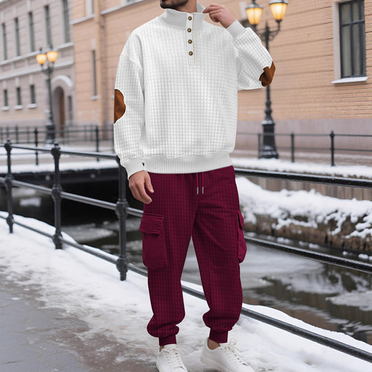 Herren nan Karo-Relief-Sweatset mit Stehkragen-Knopfleiste, Velours-Ellenbogenpatches und Cargo-Jogger EB
