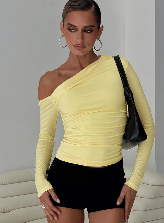 Damen Off-Shoulder Raffungsshirt mit langen Ärmeln und elegantem Design EB