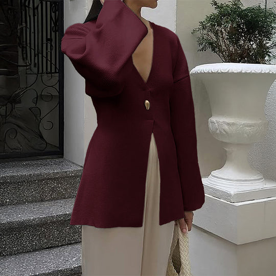 Damen nan taillierter Feinstrick-Cardigan mit V-Ausschnitt, Zierknopf und frontaler Schlitz EB