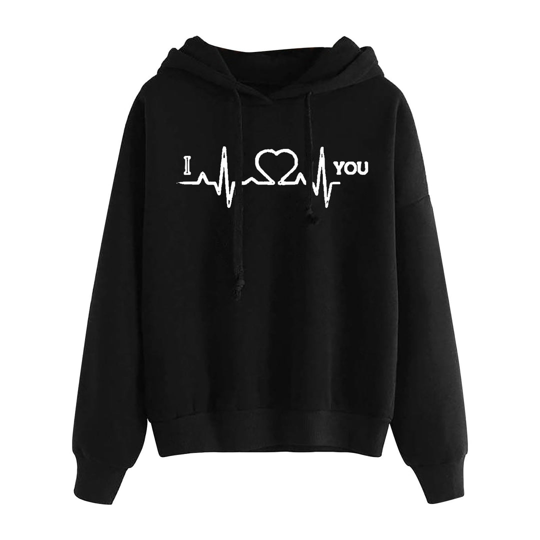 Damen nan leichter Oversize Kapuzenpullover mit Herz‑EKG‑Motiv, langen Kordeln und elastischem Bund EB