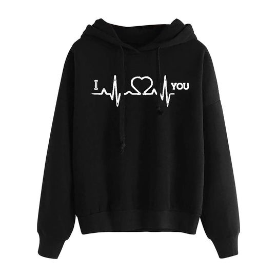 Damen nan leichter Oversize Kapuzenpullover mit Herz‑EKG‑Motiv, langen Kordeln und elastischem Bund EB