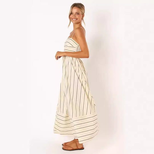Damen Maxi-Kleid mit schmalen Spaghettiträgern und eleganten Querstreifen EB