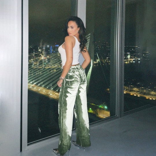 Damen Schlaghose mit hoher Taille, Bleach-Effekt und weitem Bein EB