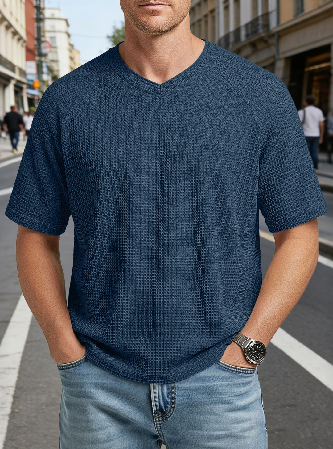 Herren nan lässiges V-Ausschnitt Waffelstrick-T-Shirt aus atmungsaktivem Baumwollmix EB