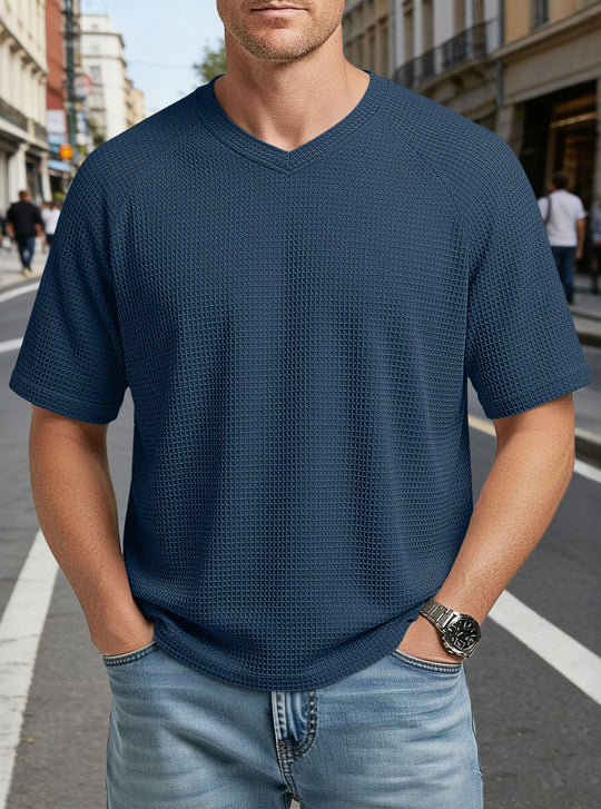 Herren nan lässiges V-Ausschnitt Waffelstrick-T-Shirt aus atmungsaktivem Baumwollmix EB