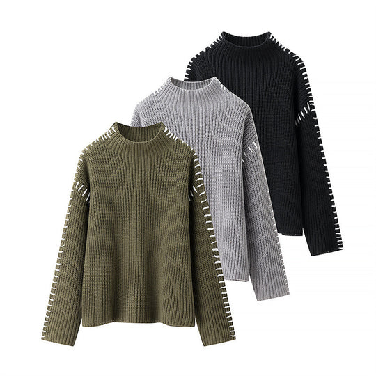 Damen modischer Strickpullover mit hohen Kragen und eleganten Seitendetails EB