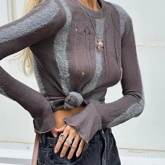 Damen modisches Strickoberteil mit elegantem Knoten und schmalen Ärmeln EB