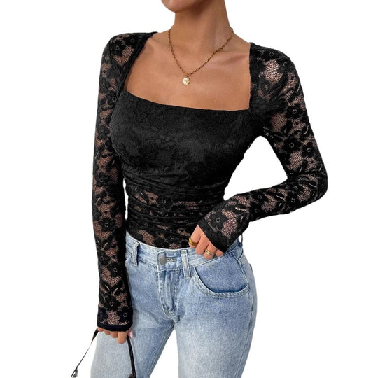 Damen Spitzen-Bodysuit mit quadratischem Ausschnitt und langen Ärmeln EB
