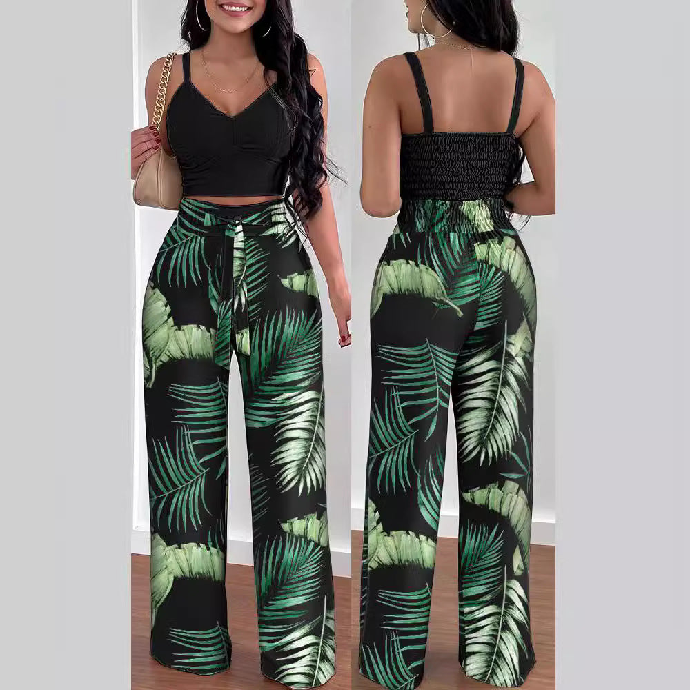 Damen lässiges Set bestehend aus floralem Oberteil mit Rüschen und weitem Hosen EB